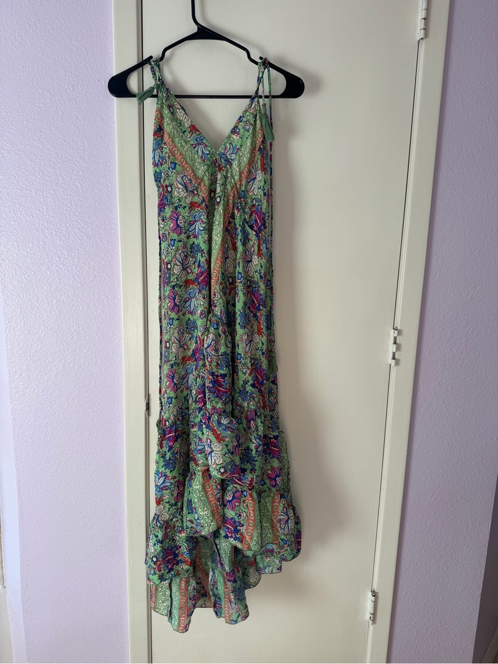 Bohemian Green Floral Maxi Dress with Ruffle Hem